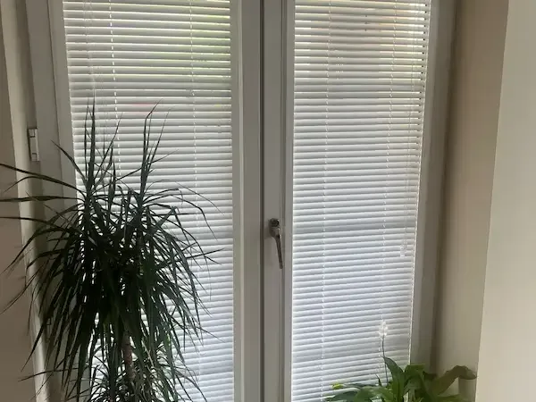 White venetian blinds on French doors